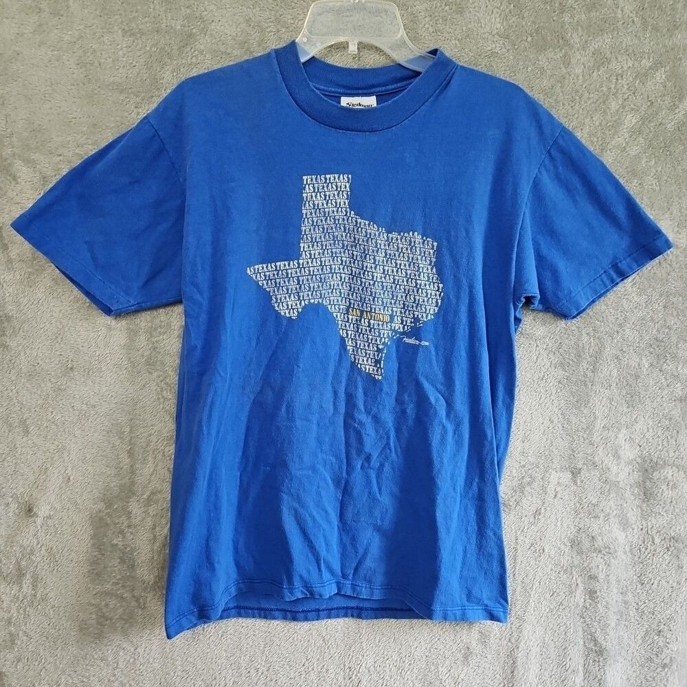 Stedman t shirt Lg Texas map 1986 San Antonio Vintage Blue